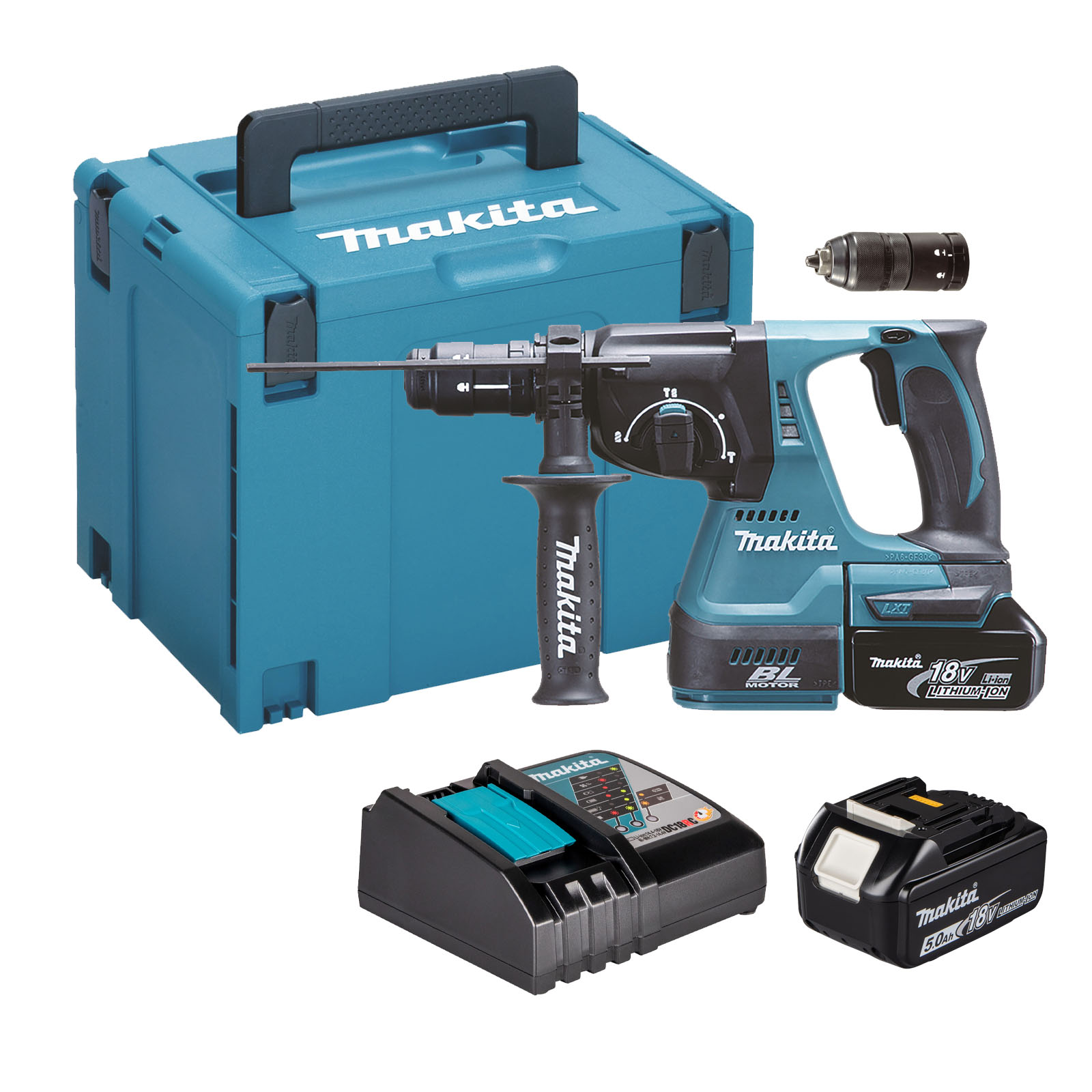 Makita DHR243 18v LXT Cordless Brushless SDS Hammer Drill 2 x 5ah Li-ion Battery Charger Case